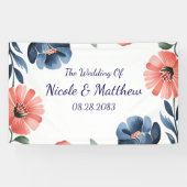 Blue & Coral Watercolor Bouquet Wedding Banner (Horizontal)