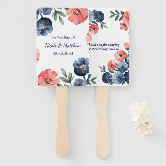 Blue & Coral Watercolor Bouquet Wedding Fächer (Vorne und Hinten)