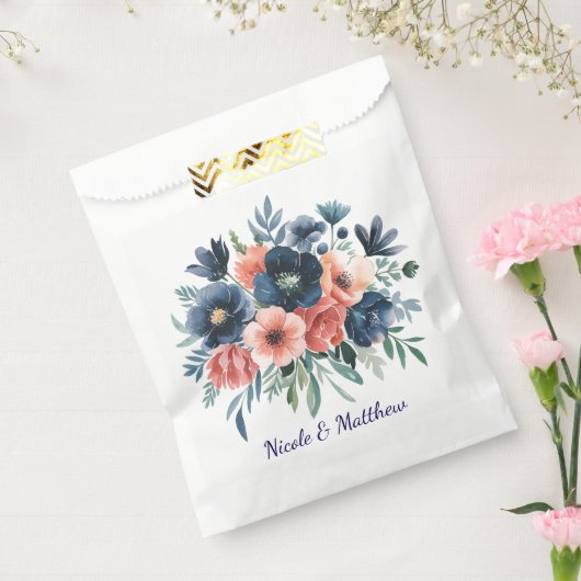 Blue & Coral Watercolor Bouquet Wedding Geschenktütchen (Versiegelt)