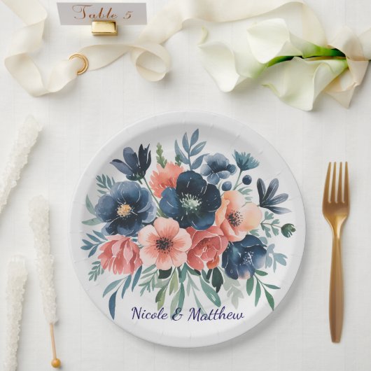 Blue & Coral Watercolor Bouquet Wedding Pappteller (Hochzeit)