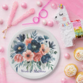 Blue & Coral Watercolor Bouquet Wedding Pappteller (Party)