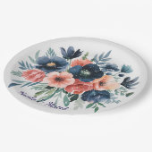 Blue & Coral Watercolor Bouquet Wedding Pappteller (Schrägansicht)