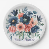 Blue & Coral Watercolor Bouquet Wedding Pappteller (Vorderseite)