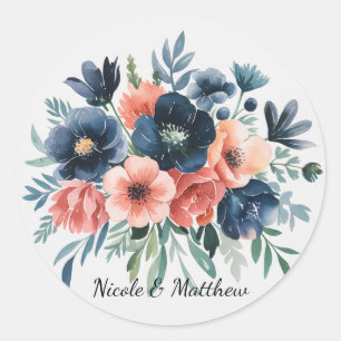 Blue & Coral Watercolor Bouquet Wedding Runder Aufkleber