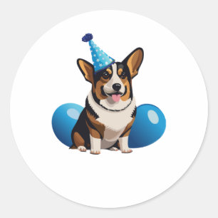 Blue Corgi Birthday Classic T - Shirt Runder Aufkleber