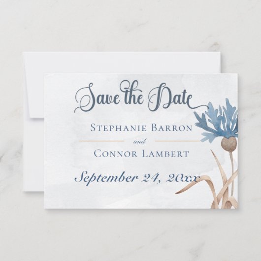 Blue Cornblumen & Wheat Field Blue Wedding Save The Date (Vorderseite)