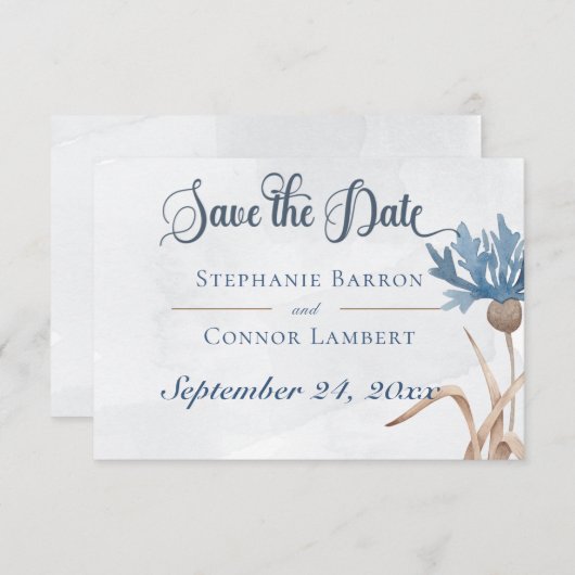 Blue Cornblumen & Wheat Field Blue Wedding Save The Date (Vorne/Hinten)