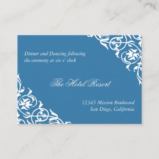 Blue Corner Scroll Hochzeitsempfang Begleitkarte (Vorderseite)
