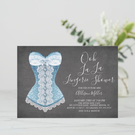 Blue Corset Lingerie Bridal Dusche Einladung (Stehend Vorderseite)