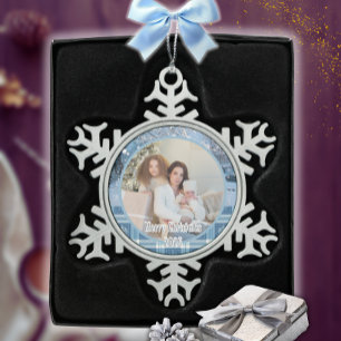 Blue Cosy Kariert Snowy Winter Foto Schneeflocken Zinn-Ornament