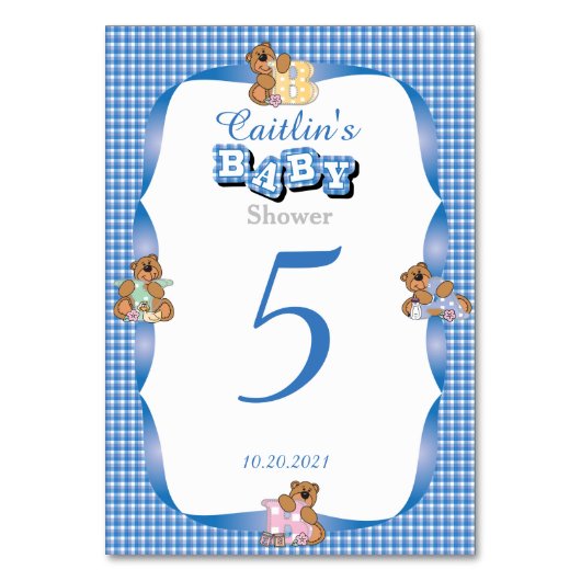 Blue Country Kariert mit Baby Bears Tischnummern (Vorderseite)