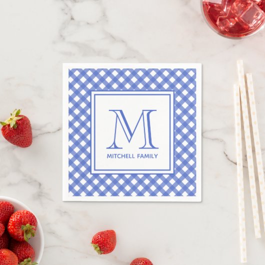 Blue Country Style Gingham Pattern Monogram Serviette (Beispiel)