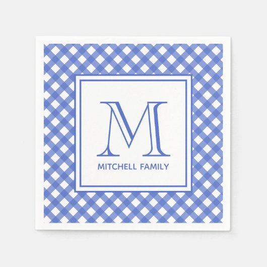 Blue Country Style Gingham Pattern Monogram Serviette (Vorderseite)