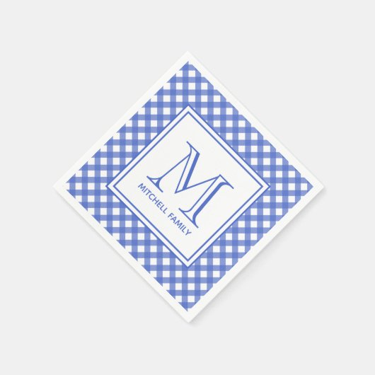 Blue Country Style Gingham Pattern Monogram Serviette (Ecke)