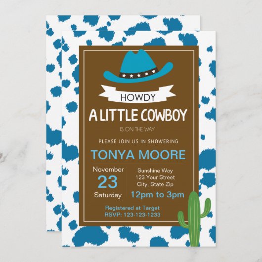 Blue Cowboy Baby Dusche Einladung (Vorne/Hinten)