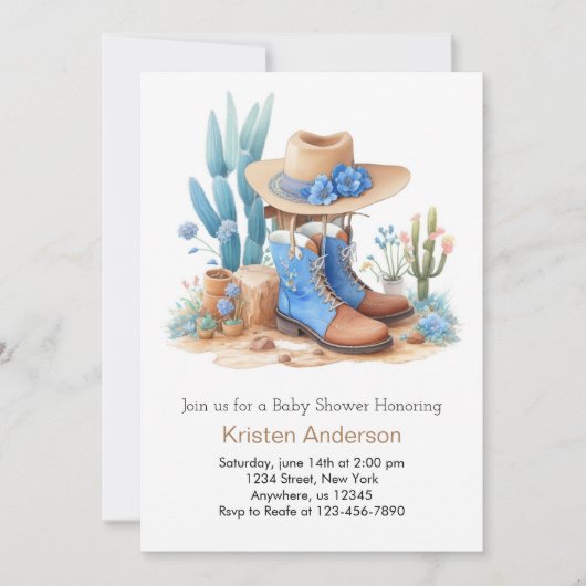 Blue Cowboy Boots Watercolor Baby Shower Einladung (Vorderseite)