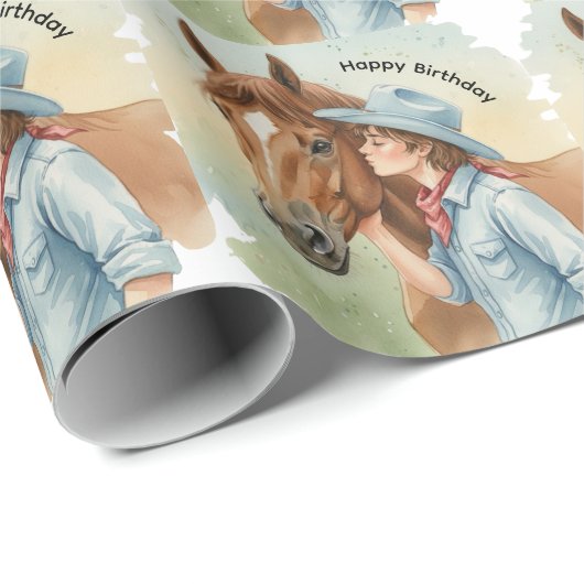 Blue Cowboy Kissing a Horse Birthday Party Geschenkpapier (Rolleneckpunkt)