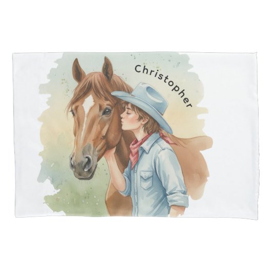 Blue Cowboy Kissing a Horse Birthday Party Gift Kissenbezug (Vorderseite)