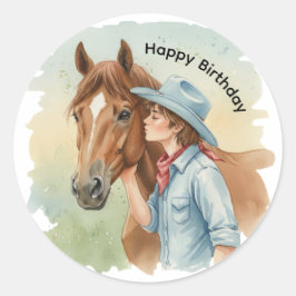 Blue Cowboy Kissing a Horse Birthday Party Runder Aufkleber