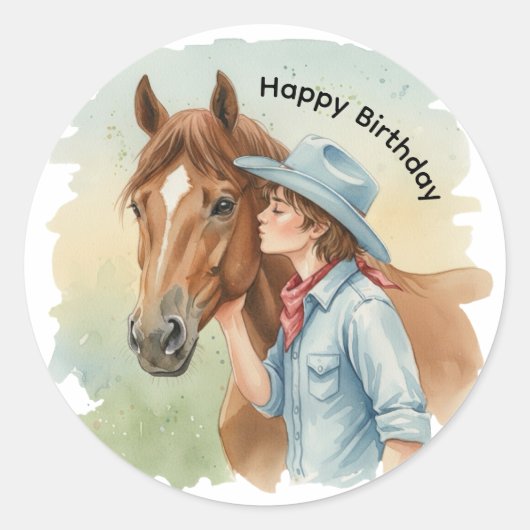 Blue Cowboy Kissing a Horse Birthday Party Runder Aufkleber (Vorderseite)