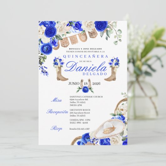 Blue Cowgirl Boots & Ropes Mariachi Quinceañera Einladung (Stehend Vorderseite)