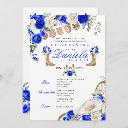Blue Cowgirl Boots & Ropes Mariachi Quinceañera Einladung (Vorne/Hinten)