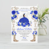 Blue Cowgirl Princess Horse Charro Quinceañera Einladung (Stehend Vorderseite)