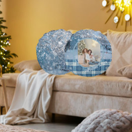 Blue Cozy Plaid Snowy Winter Photo Christmas  Rundes Kissen