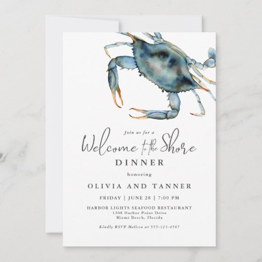 Blue Crab Aquarell Willkommen beim Shore Dinner Einladung (Vorderseite)
