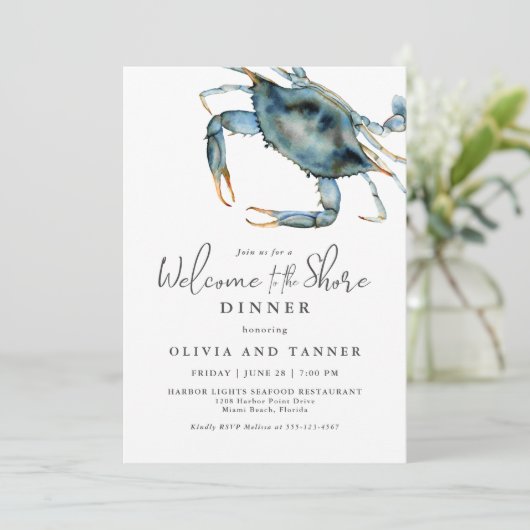 Blue Crab Aquarell Willkommen beim Shore Dinner Einladung (Stehend Vorderseite)