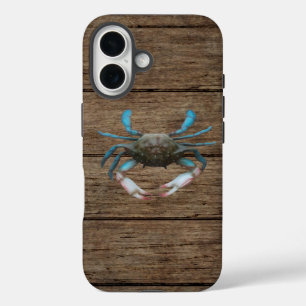 Blue Crab auf Wood iPhone 16 Fall Hülle