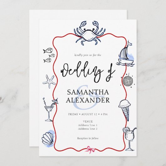 Blue Crab Doodle Beach QR Code RSVP Casual Wedding Einladung (Vorne/Hinten)
