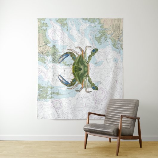 Blue Crab mit Chesapeake Bay Nautical Chart Wandteppich (Beispiel)