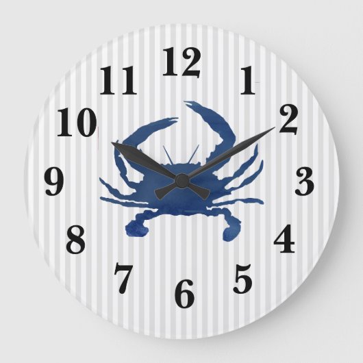 Blue Crab Nautical Strip Large Clock Große Wanduhr (Vorderseite)
