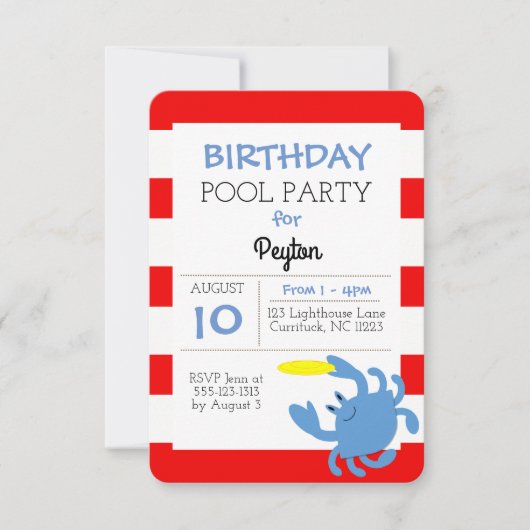 Blue Crab Nautical Summer Party Einladung (Vorderseite)
