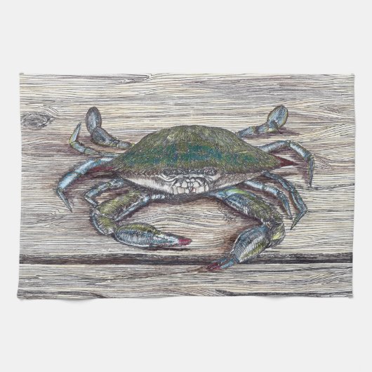 Blue Crab on Dock Kitchen Towel Handtuch (Horizontal)