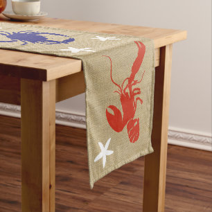 Blue Crab & Red Lobster Nautical Beachy "Burlap" Kurzer Tischläufer