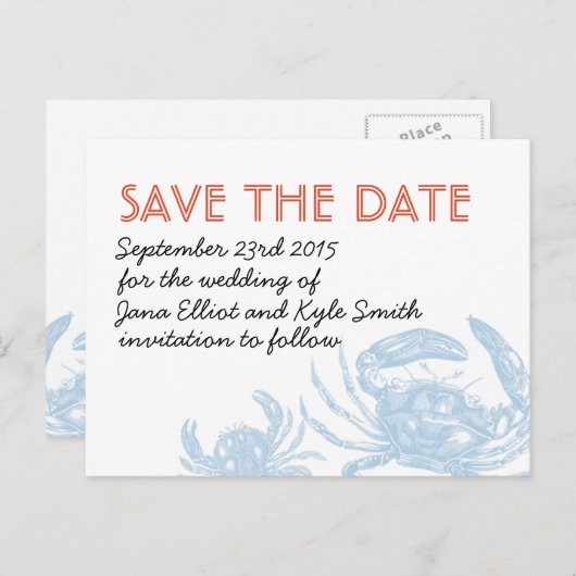 Blue Crab Save the Date Ankündigungspostkarte (Vorne/Hinten)
