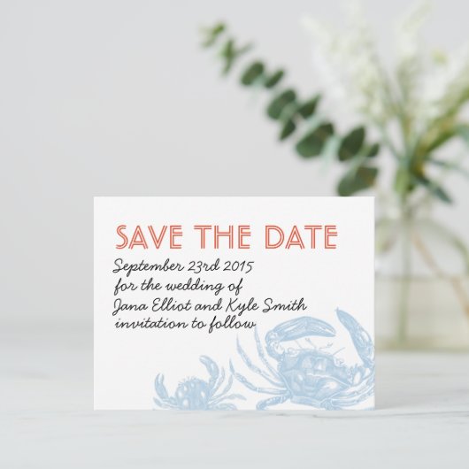 Blue Crab Save the Date Ankündigungspostkarte (Stehend Vorderseite)