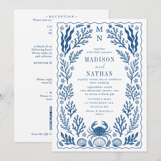 Blue Crab Shell Ocean Beach Wedding QR Code Einladung (Vorne/Hinten)