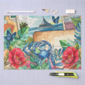 Blue Crab Tropical Florals & Butterflies Seidenpapier (Handwerk)