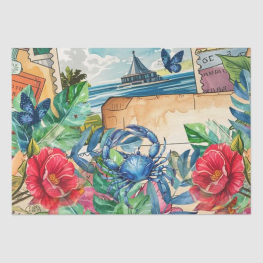 Blue Crab Tropical Florals & Butterflies Seidenpapier (Vorderseite)