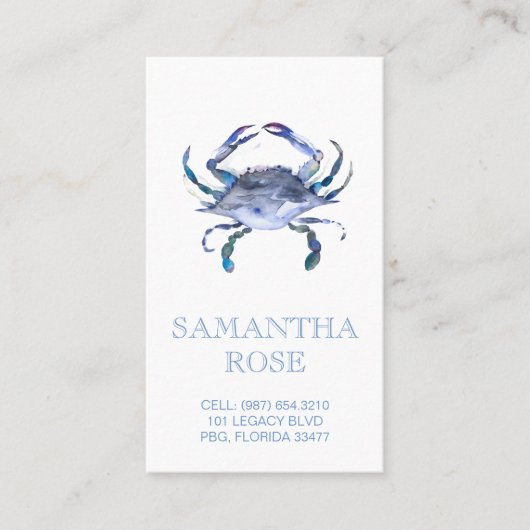 Blue Crab Watercolor Beach Business Card Visitenkarte (Vorderseite)
