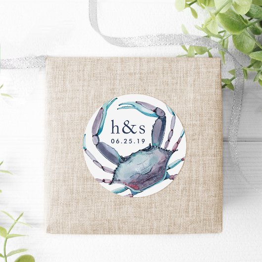 Blue Crab Wedding Monogram Runder Aufkleber