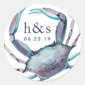 Blue Crab Wedding Monogram Runder Aufkleber (Vorderseite)