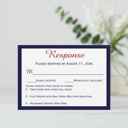 Blue Crab Wedding RSVP Cards der Nautic Navy (Stehend Vorderseite)
