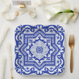 Blue Cracked Keramik Style Azulejo Vintag Pappteller