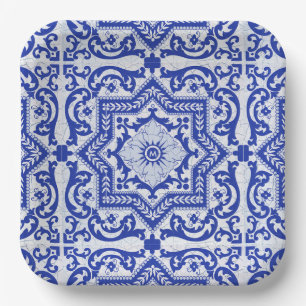 Blue Cracked Keramik Style Azulejo Vintag Pappteller