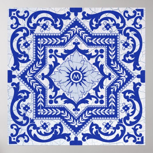 Blue Cracked Keramik Style Azulejo Vintag Poster (Vorne)