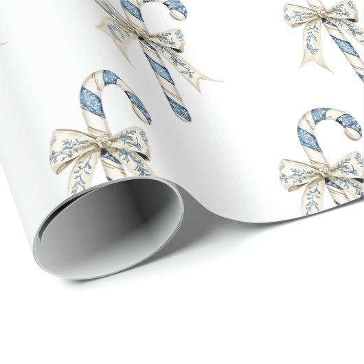 Blue Cream Candy Canes Bows Christmas Geschenkpapier (Rolleneckpunkt)